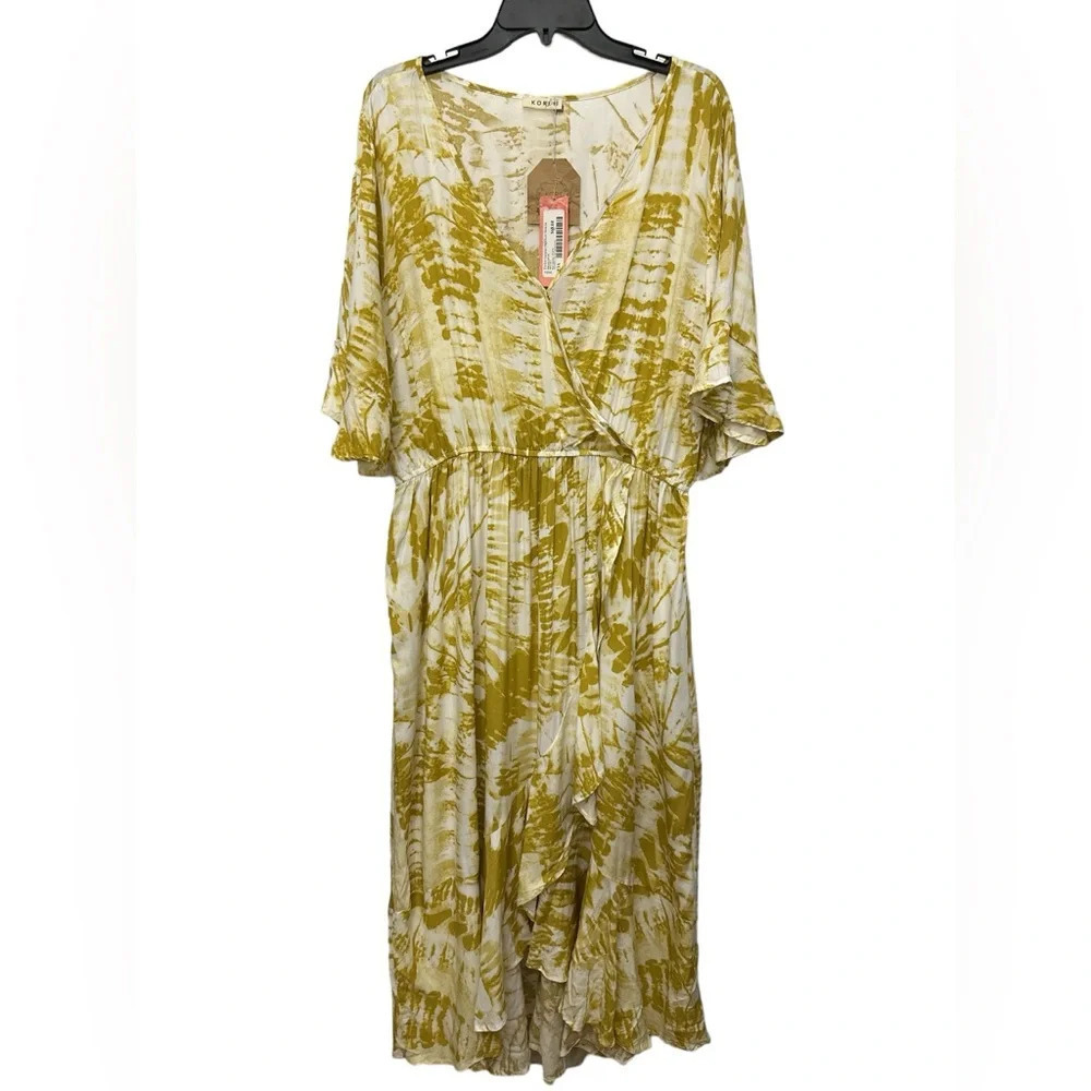 Kori Plus Tie Dye Surplice High Low Dress In Mustard Size 2X Assymetrical NWT